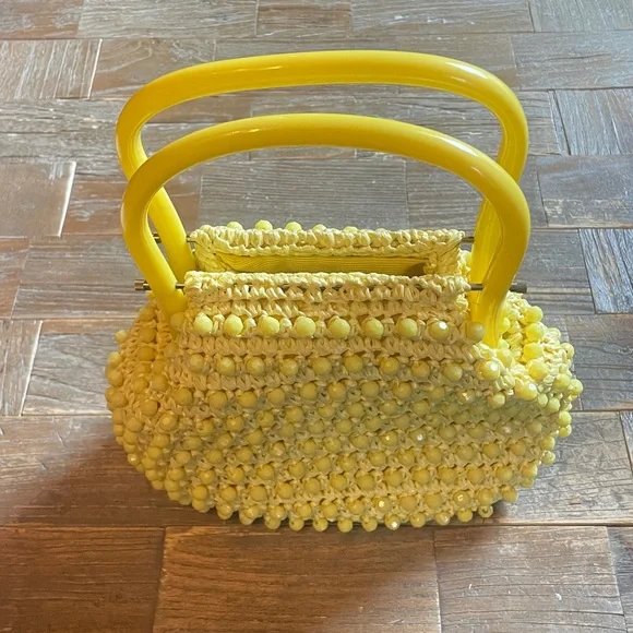 Vintage Bag by Donna Sunshine Yellow Rafia Crochet Handbag with Lucite Handle🖤 - Picture 1 of 12